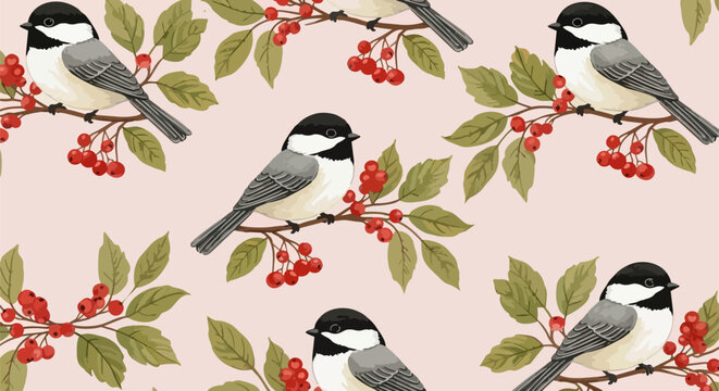 Vector seamless pattern of chickadee birds on branch with red berries
