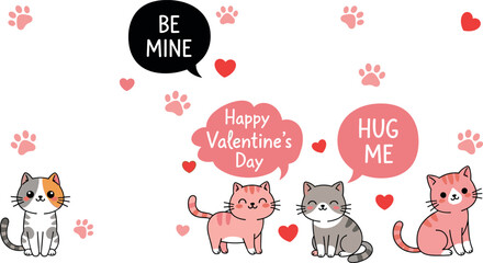 Cute cats valentines day vector illustration with love hearts speech bubbles be mine hug me greeting © Honey!