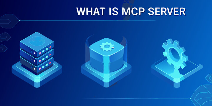 Isometric illustration depicting server stacks and the text what is mcp server