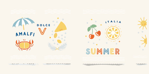 Colorful summer illustration featuring amalfi coast themed icons and lettering © Pabitra