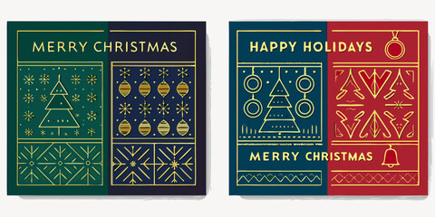 Two festive holiday cards with geometric patterns and seasonal greetings © Pabitra
