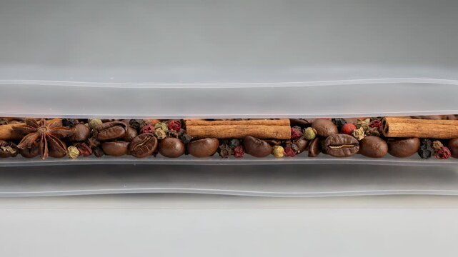 Medium shot capturing duplex coated layers demonstrating enhanced aroma preservation with coffee beans and spices nestled between dual protective films.