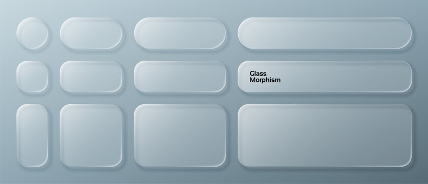 Liquid glass morphism vector buttons collection. Semitransparent frosted UI elements for digital interface design. Modern app tab, banner, and navigation shape set for web application.