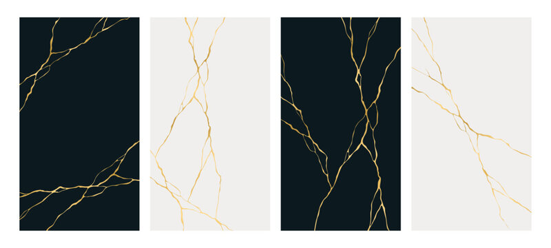 Golden crack vector set on black and white background. Kintsugi style broken marble texture. Luxury decorative background for invitation card, banner, poster and wedding design element.
