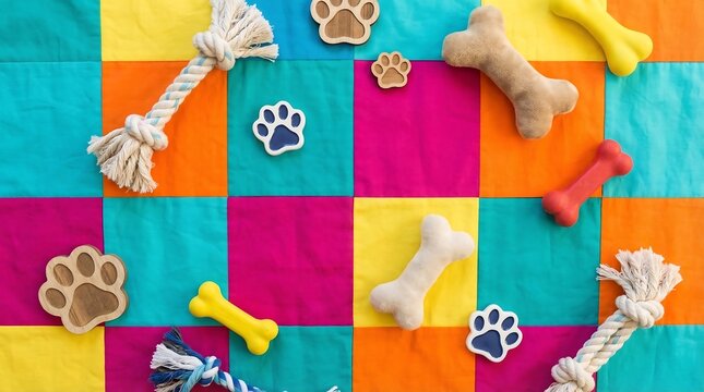 Playful Dog Toys, Rope Bones, and Paw Prints Artfully Arranged on a Bright Multi-Colored Checkered Background