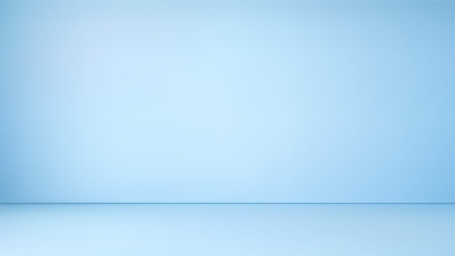Light blue wall and floor in room. Minimalist empty studio interior background. Clean space for product display or graphic design presentation. Smooth gradient surface texture backdrop.