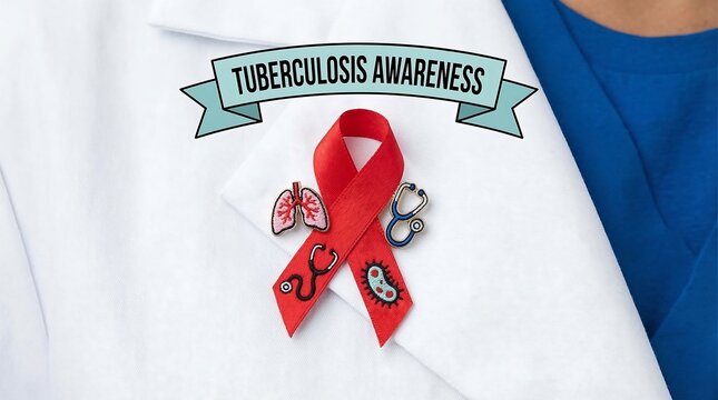 Red ribbon tuberculosis awareness symbol on white medical coat with stethoscope and global health concept