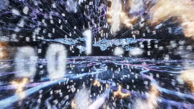 A glowing sphere transforms into a digital world map amidst binary