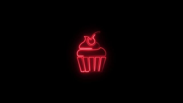 Neon Cupcake Red Glowing Dessert Symbol on Black Background