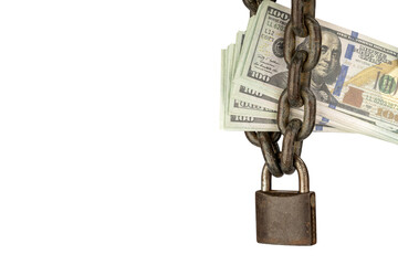 Conceptual Depiction of Financial Security with Padlocked Hundred Dollar Bills Secured by Metal Chains on White Isolated Background © Goku