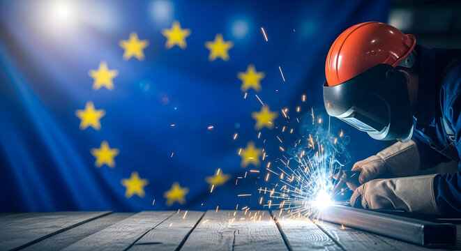 Skilled laborer in a welding mask with bright sparks and the European Union flag. High-quality image for Labor Day celebrat.