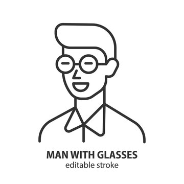 Man with glasses line icon. Simple avatar icon for social media profile or user interface. Student or teacher character symbol. Editable stroke. Vector illustration.