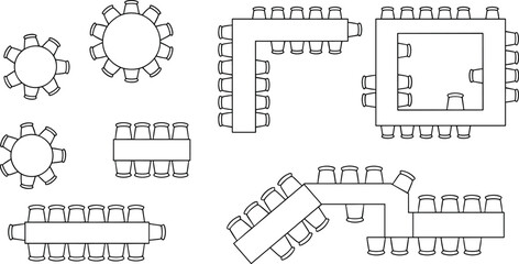Fototapeta premium Multiple table and chair arrangements, minimalist flat vector interior design illustration
