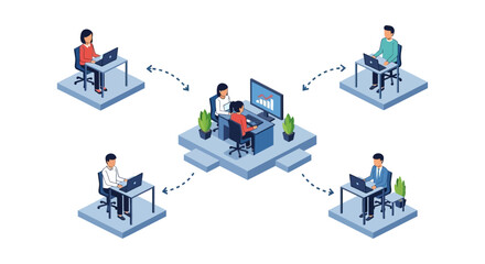 Remote Team Collaboration & Data Exchange Network Isometric Illustration. Distributed Workforce Connecting to Centralized Data Analysis & Business Strategy.