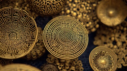 Fototapeta premium Intricate golden circular decorations with geometric patterns on a dark background