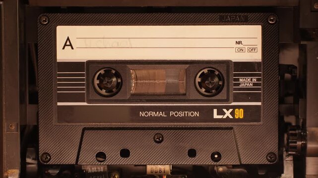 Retro radio tape recorder, audio cassette close-up. Listening to music, old radio boom box player, macro of vintage music listening. 