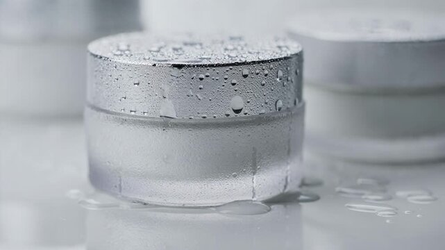 Medium frame focusing on cosmetic containers with advanced edgewicking resistant coating demonstrating moisture barrier properties and durability in a clean minimalist environment.