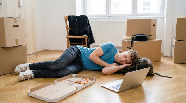 Exhausted recent graduate sleeping on floor in empty new apartment with pizza box