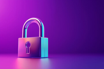 Cyber security concept with a padlock on violet background. 3d padlock against a vibrant purple background, symbolizing security and protection for data or personal information