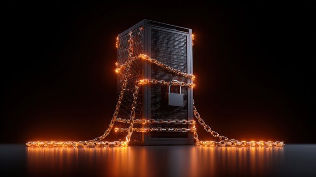 Secure Data Fortress: A server cabinet, wrapped in a glowing chain with a padlock, stands as a symbol of digital security and data protection.