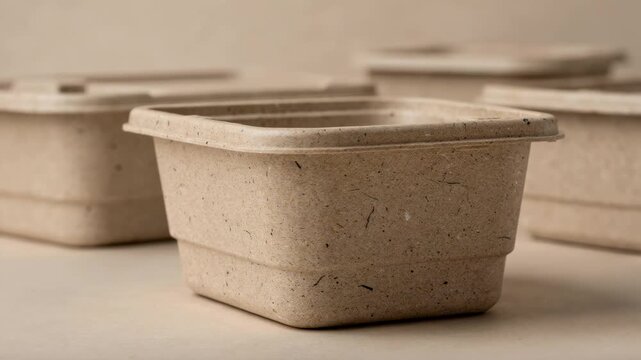 Medium shot focusing on naturalcolored recycledcontent rigid containers highlighting sustainable material textures and certified postconsumer resin use.