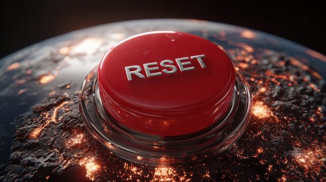 Reset Earth: A stark image of a bright red reset button poised above the textured surface of Earth, offering a visual metaphor for crucial decisions and global change.