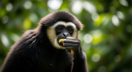 Obraz premium Black White-Cheeked Gibbon Eating Food