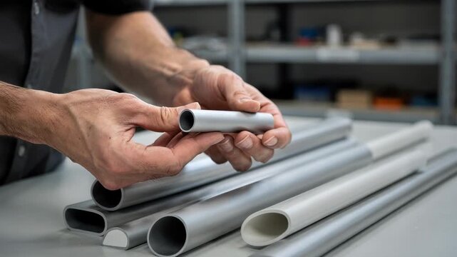 Medium shot focused on hands inspecting smooth displaygrade customshaped tubes with unique nonround sections for retail setups.