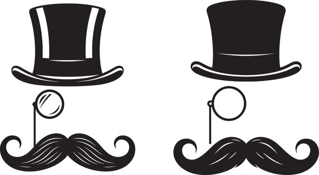Vintage top hats and mustaches illustration in silhouette style