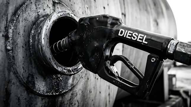 Close up of diesel fuel nozzle inserted into a metal tank for refueling industrial setting