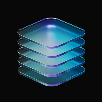 Stacked iridescent glass plates, representing layered data architecture. Digital infrastructure and technology foundation. 3d rendering