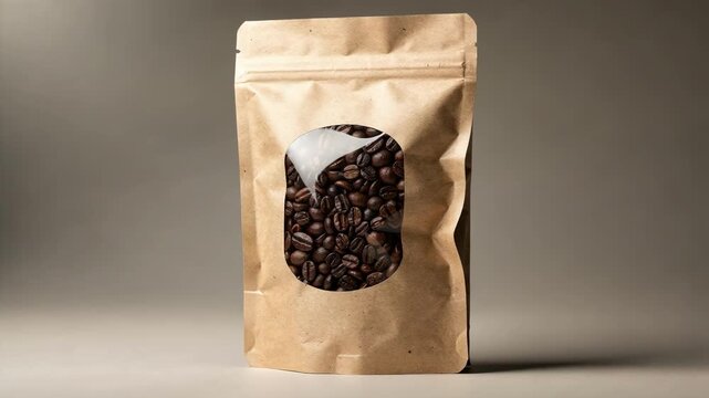 Medium shot focusing on a coffee kraft paper bag featuring a transparent window revealing rich roasted coffee beans capturing artisanal packaging appeal.