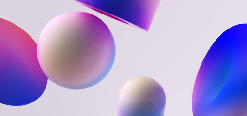 Abstract 3D rendering floating geometric shapes with vibrant iridescent gradients. Rainbow colors 3D geometry composition