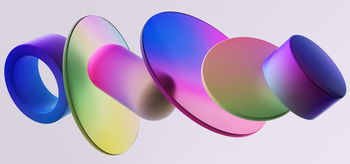 Obraz premium Dynamic 3d rendering floating geometric shapes with rainbow holographic gradient. Modern abstract composition on light background for technology and art design.