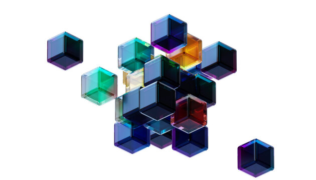Modular network cluster, data integration, blockchain structure, distributed system geometric concept 3d rendering. Glass cube blocks assembling into futuristic digital architecture