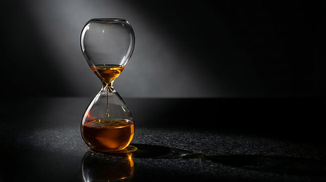 Glass hourglass with gasoline on dark background dramatic lighting symbolizing time and urgency