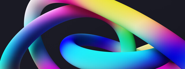 3D rendering colorful ring loop backdrop. Vibrant gradient pipe geometry for digital branding. Abstract art with neon colors for creative web projects or mobile interface design.