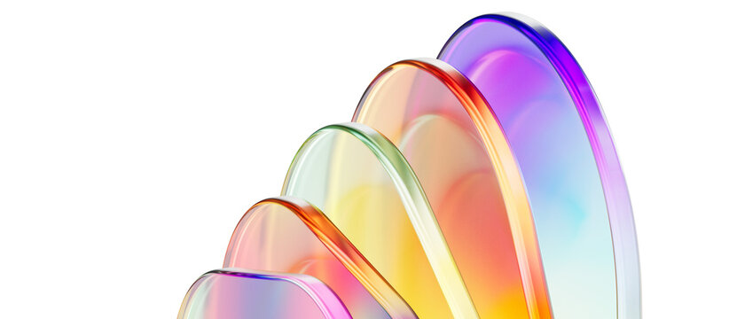 futuristic geometric structure with iridescent glass 3d rendering abstract modern background. Transparent curved panels with rainbow gradient reflection