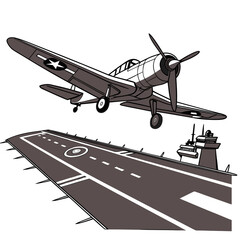 Vintage military airplane flying over aircraft carrier deck with propeller and cockpit © bbbb