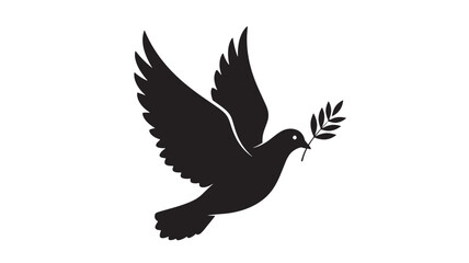 Obraz premium Dove flying with an olive branch in its beak, symbolizing peace, hope, and a new beginning in a minimalist black silhouette.