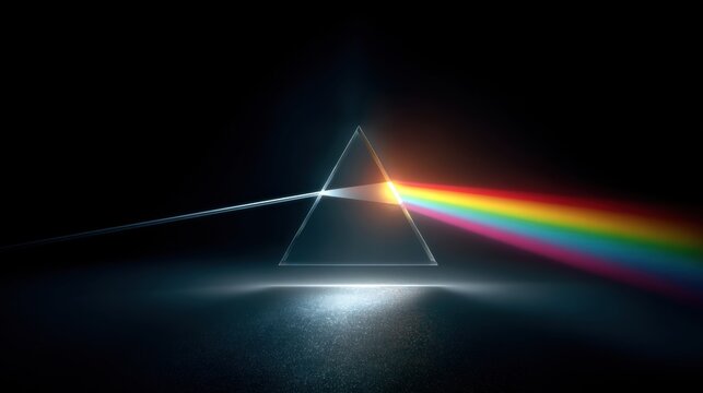 Prism and Rainbow Light: A mesmerizing image of a triangular prism refracting a beam of light into a vibrant rainbow, symbolizing the beauty of science and the exploration of light.
