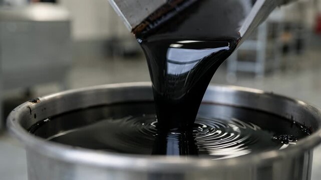 Medium shot showcasing lowimpurity coal tar binder flowing smoothly into a container emphasizing purification for superior electrode quality.