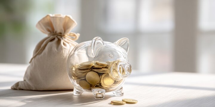 Savings Journey: A transparent piggy bank overflowing with gold coins sits beside a money bag, evoking themes of wealth accumulation and prudent financial planning.