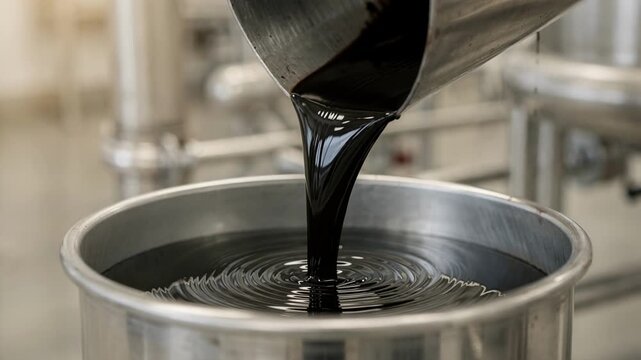 Medium shot showcasing lowimpurity coal tar binder flowing smoothly into a container emphasizing purification for superior electrode quality.