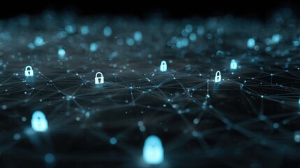 Obraz premium Cyber Security: Digital security is symbolized through a network of illuminated padlocks linked together by glowing nodes and lines, all set against a dark background.