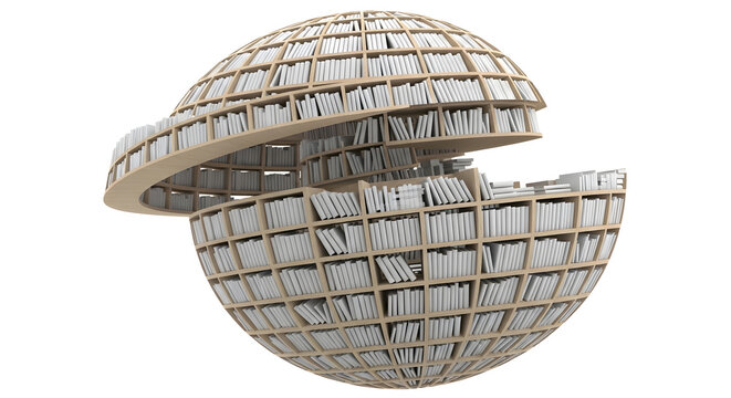 Conceptual visualization of a knowledge hub, a spherical library opens, books neatly arranged inside, suggesting access to a world of information.