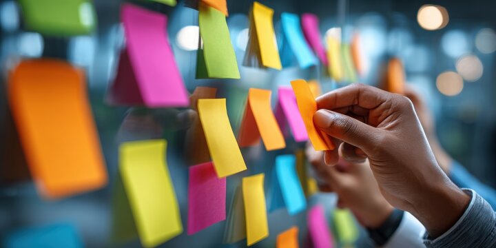 Brainstorming Session with Sticky Notes: A person's hands delicately arrange vibrant sticky notes on a glass board.