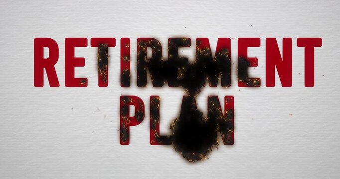 Retirement plan failure, burning and smoldering retirement savings, inflation of pension assets melting to ash, fading hope, loop footage