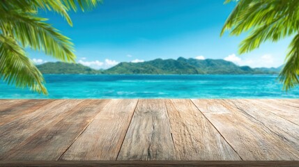 Fototapeta premium Wooden deck overlooking ocean with palm leaves and mountain backdrop