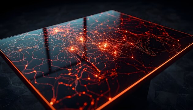 Glowing red communication network with interconnected nodes on dark glass surface